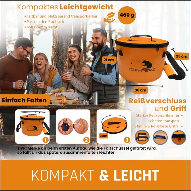 CAMPERZ Foldable Bucket, Folding Bowl for Fishing Gardening, Folding Bucket, Water Bucket, Fishing Bucket with Lid and Zip (Orange) - Image 3
