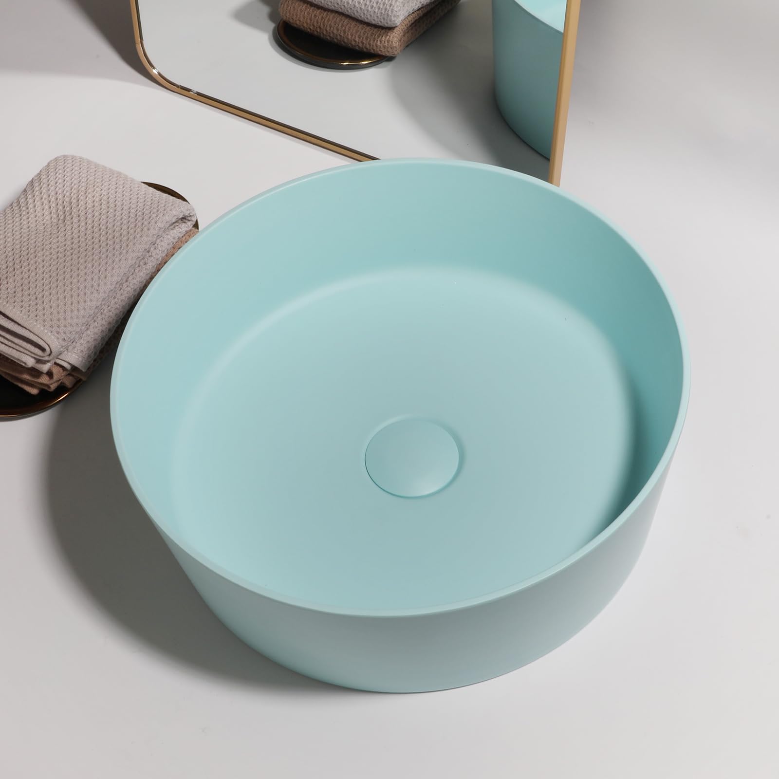 Lavabo de baño redondo azul – Lavabo de encimera de resina de piedra de 13 pulgadas con drenaje emergente, moderno lavabo de baño para el hogar y comercial