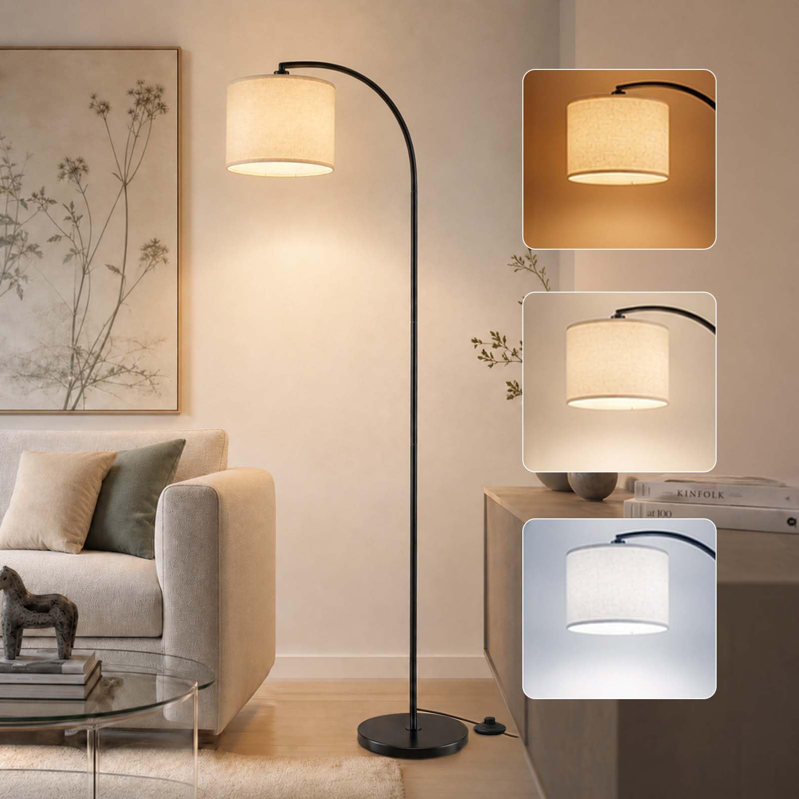 Stehlampe Wohnzimmer, 161cm Bogenlampe, 270°Drehbarer Lampenkopf mit Verstellem Beigen Leinen-Lampenschirm & Fußschalter, Leselampe Stehleuchte für Wohnzimmer, mit 12W Dreifarben (Schwarz)
