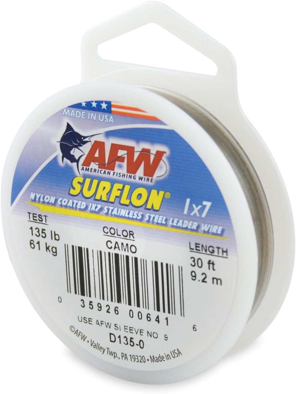 American Fishing Wire Surflon Nylon Coated 1x7 Stainless Steel Leader Wire - Fishing Leader Line for Saltwater, 10lb Test - 250lb Test in Bright, Black, Camo in 30ft, 100ft, 300ft and 1,000ft Lengths