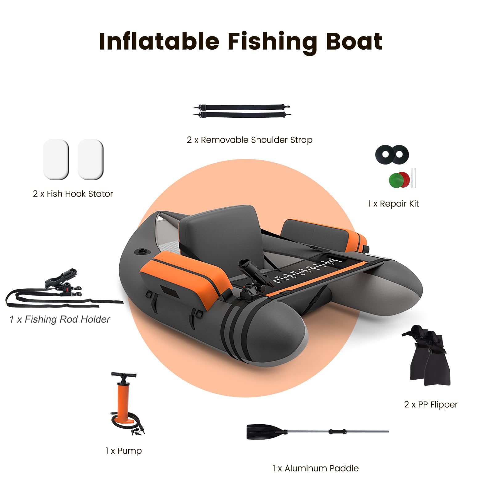 HOMASIS Embarcación neumática de Pescador, Embarcación neumática con Aletas de PP y Pala de Aluminio, Embarcación de Pesca con Equipamiento Completo, 160 kg de Capacidad, 136x105x54cm