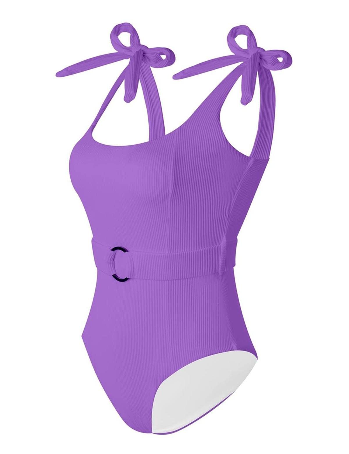 TSMEZA Women's One Piece Swimsuits Belt Tummy Control Bathing Suits Tie Shoulder Swimwear