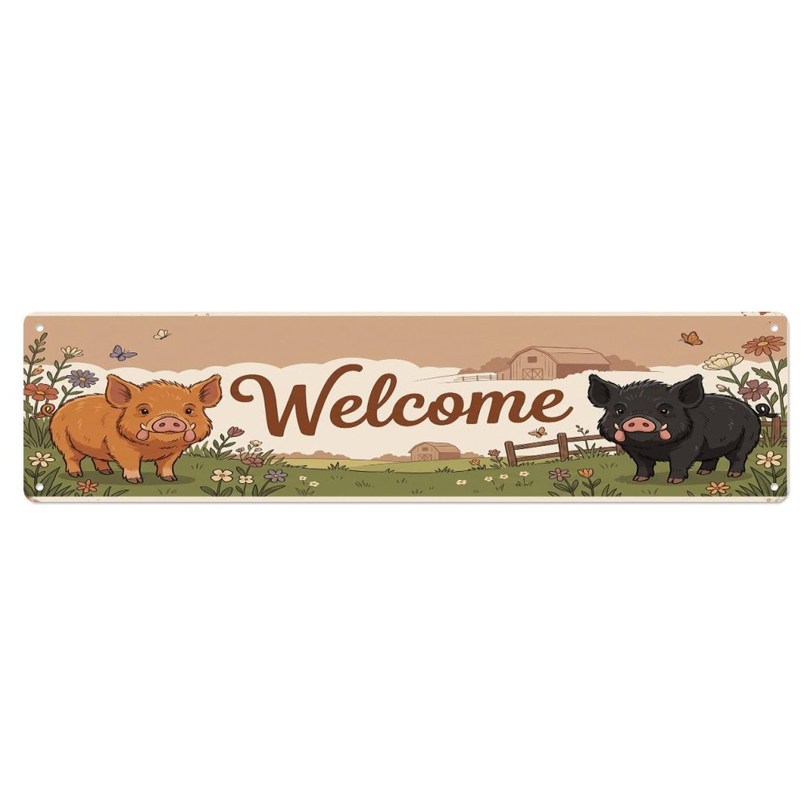 Cxhjca 4X16inch(10X40cm) Vintage Welcome Kunekune Pig Metal Tin Sign