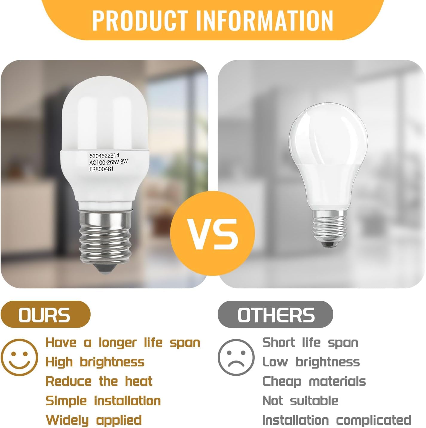 5304522314 Refrigerator LED Light Bulb Compatible with Electrolux Frigidaire, KEI D28X Refrigerator Light Bulb Replacement Base AC100-265V E17 3W
