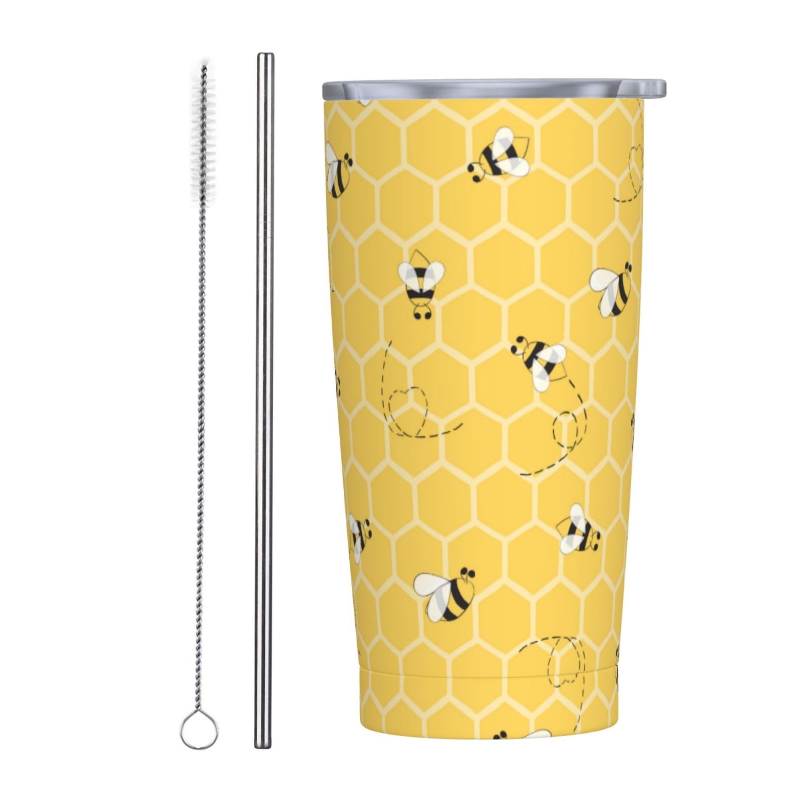 Bees Yellow Honey Honeycombs 20oz Stainless Steel Cups, Insulated Stainless Steel Travel Coffee Mug Tumbler With Lid And Straw Durable Coffee Cup Water Bottle For Cold & Hot Drinks