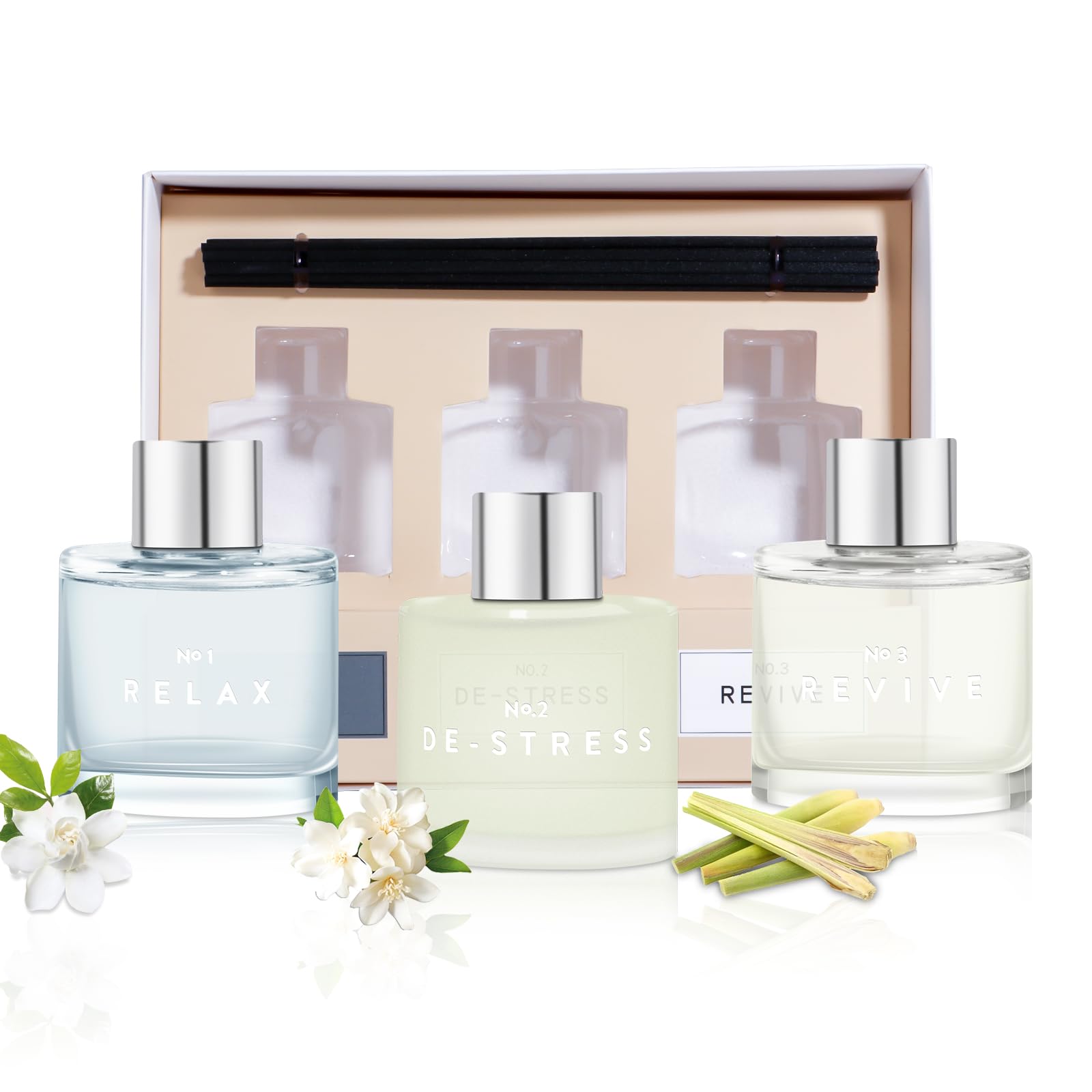 3 Pack Fragrance Reed Diffuser, 50ML Gardenia Jasmine Lemongrass Aromatherapy Diffuser Set with 12 Black Fiber Sticks,Air Freshener for Bedroom Bathroom Office