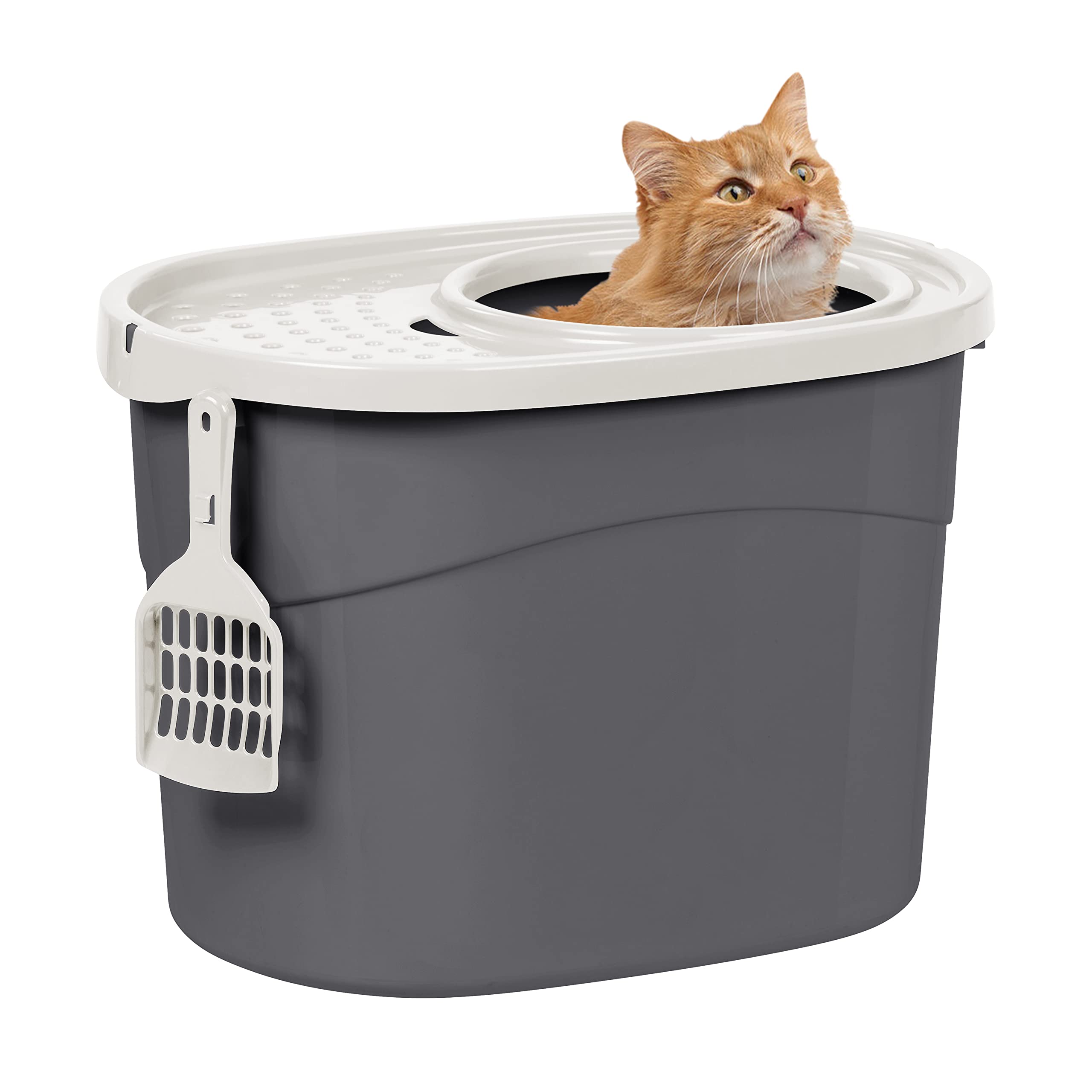 Iris Ohyama TECL-20 Covered Cat Litter Box with Shovel, up to 7 kg, Grey/White, Areia Caixa for Cats, Box, for Large and Small Cats, Closed, Cagadero, Toilet, BPA Free, Cat Litter Box,