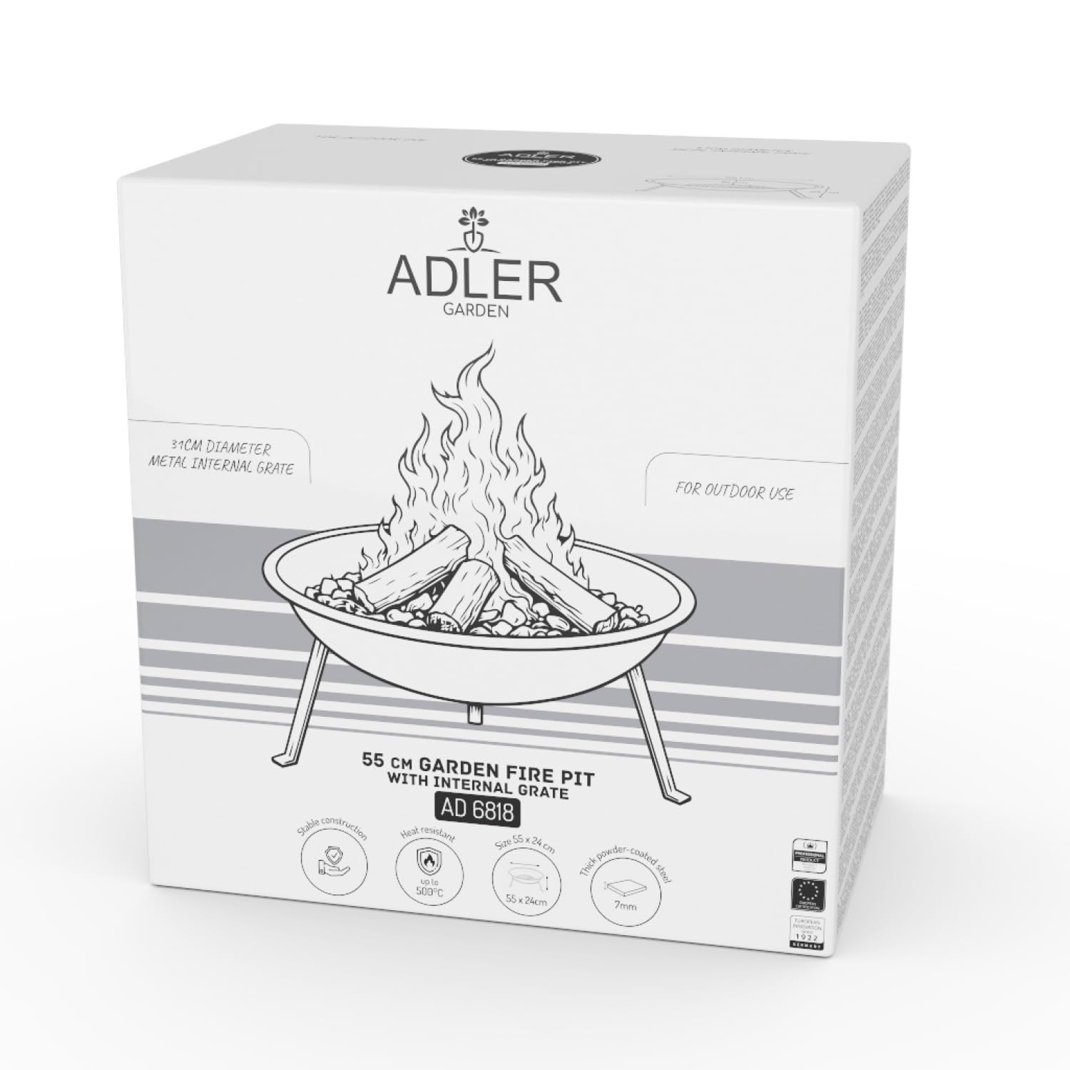 Adler Europe AD 6818 Braciere da giardino da 55 cm con griglia, braciere in acciaio per esterni per legna e bricchette di legno