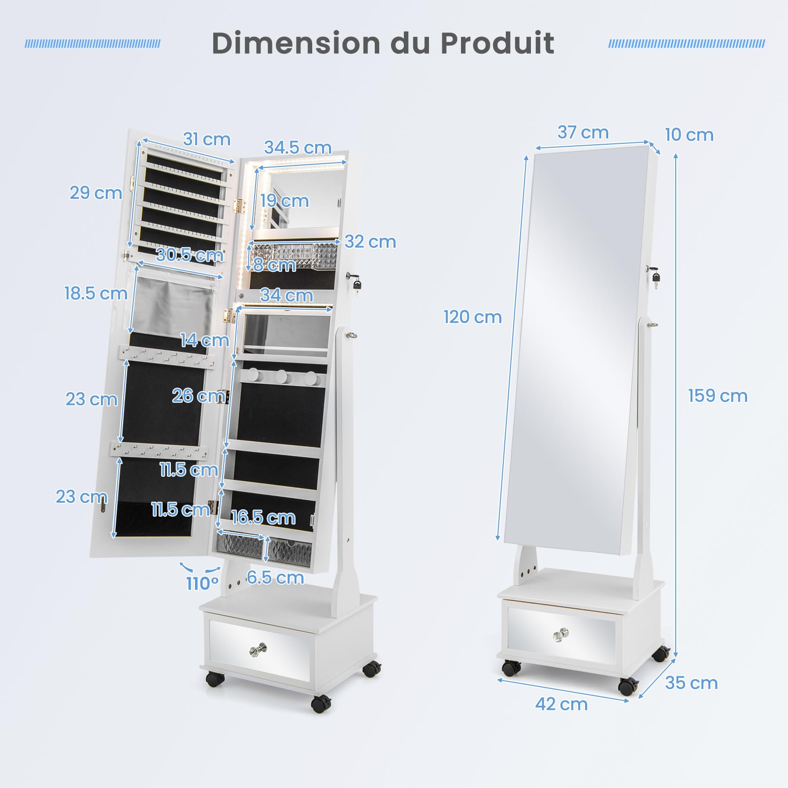 GOPLUS Armoire à Bijoux avec Roues, Organisateur de Bijoux Verrouillable avec LED 3 Couleurs, 3 Angles Réglables, Miroir Intégré, Armoire à Bijoux avec Miroir sur Pied avec Grand Rangement (Blanc)