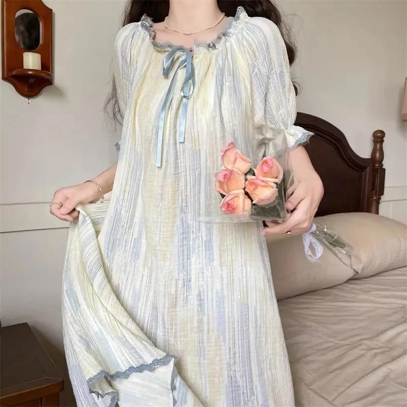 OFFSUM Camisón De Pijama De Mujer - Camisón De Estilo Palaciego De Princesa De Verano Ropa De Lencería Suave Y Transpirable con Encaje Dulce Informal Temperamento Cuello Redondo