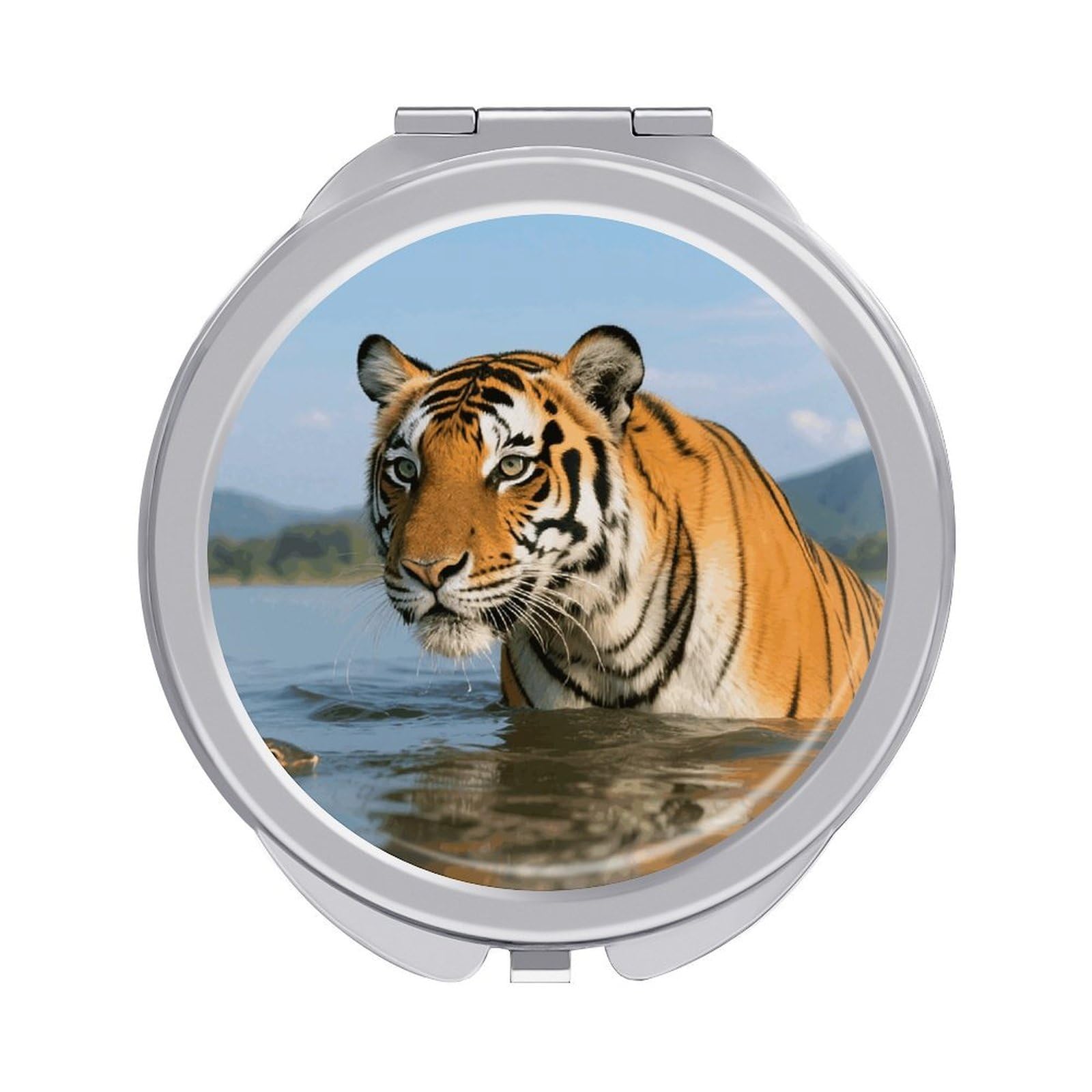 FodPand Compact Hand Mirror with 1x/2x Magnifying Round Travel Makeup Mirror Mini Foldable Tiger Cosmetic Mirrors Travel Essentials Gift for Women Girl Portable for Pocket Purse -Silver