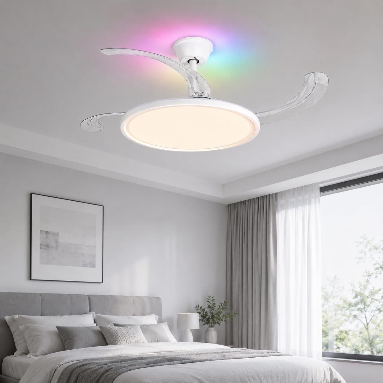LED Deckenventilator mit Beleuchtung 50cm, Deckenlampe mit Ventilator RGB Hintergrundlicht, leiser Ventilator, APP & Fernbedienung, Sommer/Winter Modus für Schlafzimmer Wohnzimmer