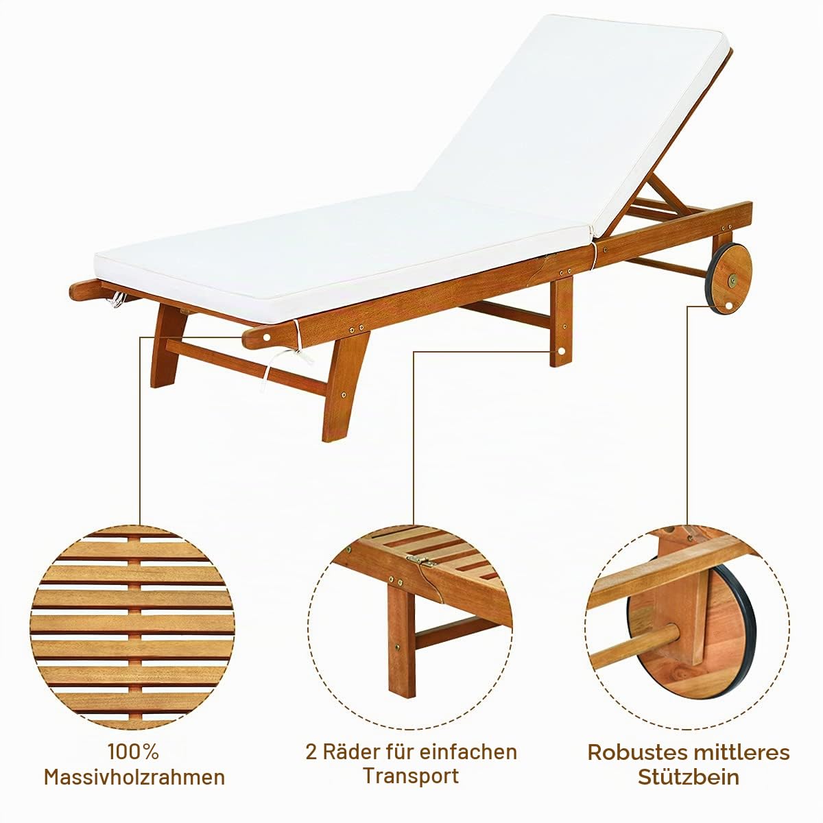 KOMFOTTEU Gartenliege mit Verstellbarer Rückenlehne, Sonnenliege aus Eukalyptusholz, Relaxliege mit Kissen & 2 Rädern, Liegestuhl bis 160 kg belastbar für Garten Terrasse Balkon, Natur & Beige