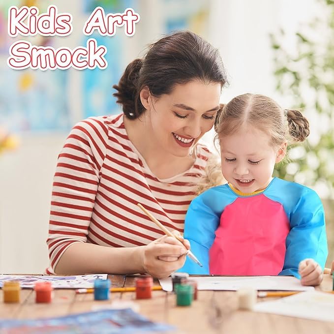 MSYU Confezione da 24 grembiuli da pittura, impermeabili, a maniche lunghe, con 3 tasche, per bambini dai 2 ai 7 anni (colorati)