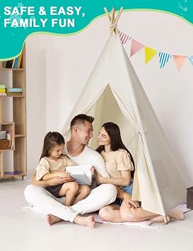 Wilwolfer Kids Teepee Tent Indoor: Foldable Polycotton Tipi Play Tent with Window, Large Playhouse for Girls and Boys, Indoor Outdoor Birthday Gift (Natural White)