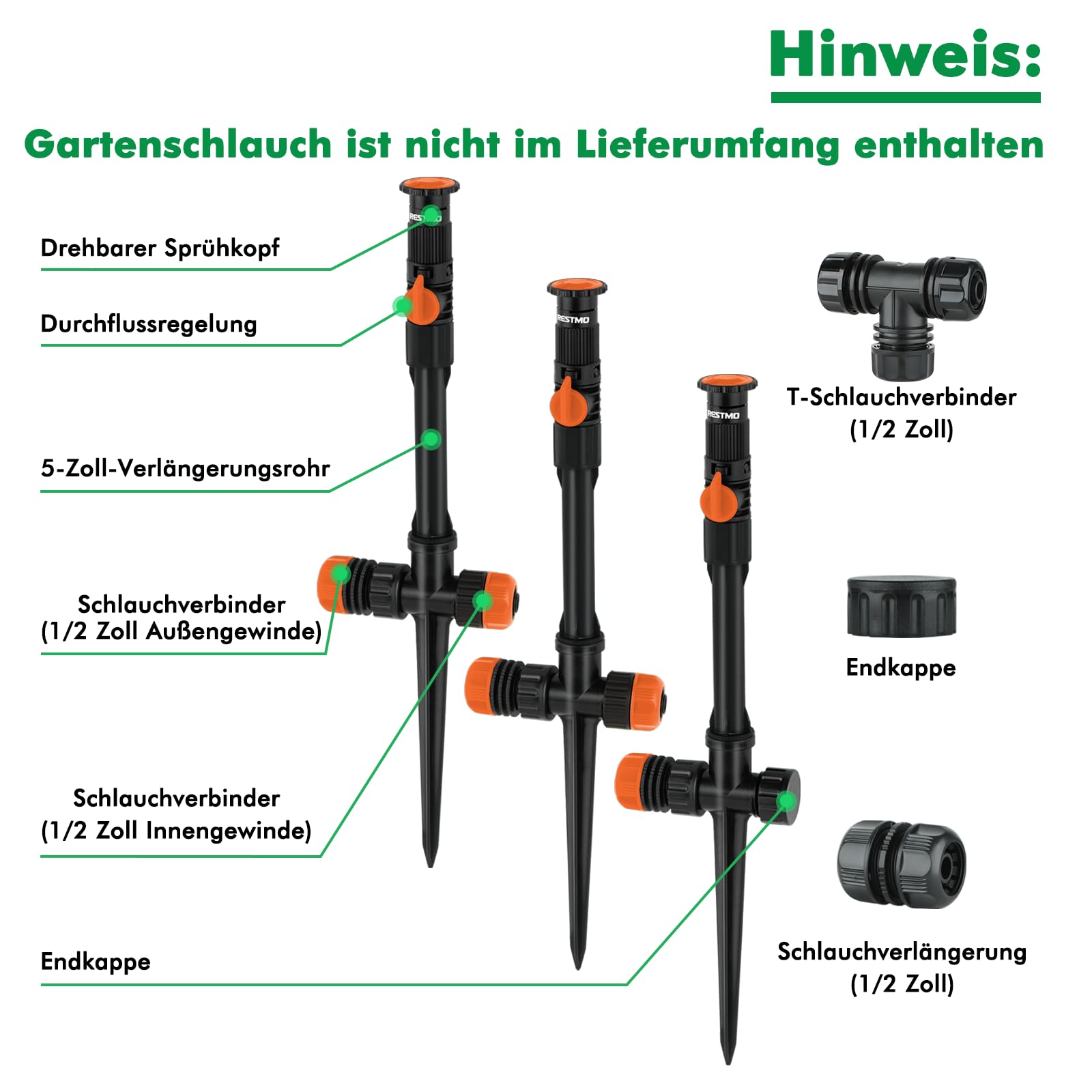 RESTMO 3er-Pack Rasensprenger mit Erdspieß zur Gartenbewässerung, Mehrfach einstellbares Rasensprinkler, Flexibles bewässerungssystem für Garten, Pflanzen und Blumenbeete (ohne Schlauch), Orange