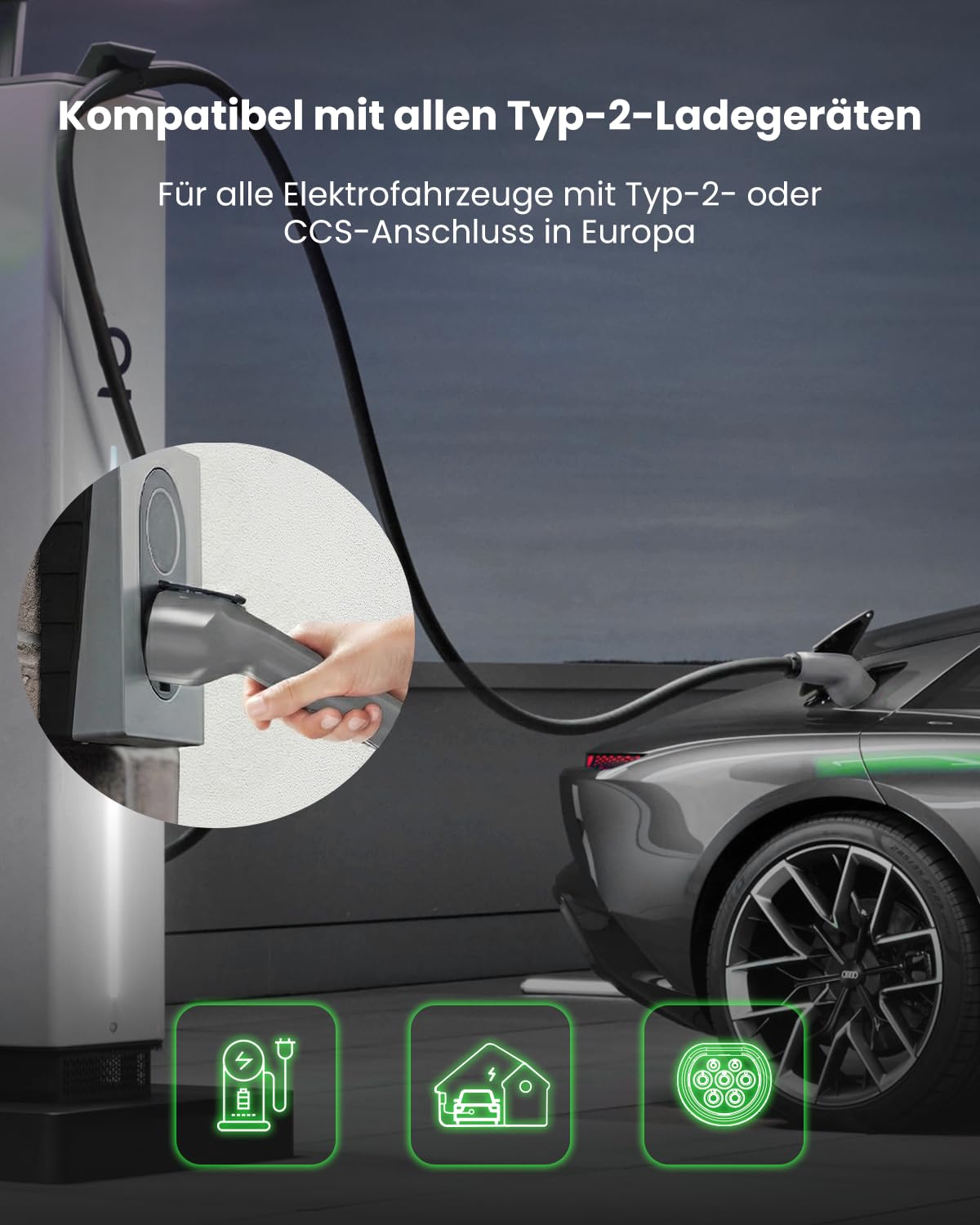 GONEO Typ 2 Ladekabel 11kW 10M, 16A 3-Phasig Mode 3 Schnellladekabel, IP54 TPU Abriebfest, Kompatibel mit Tesla/VW/BMW/Audi, für Elektroauto & PHEV, inklusive Tragetasche