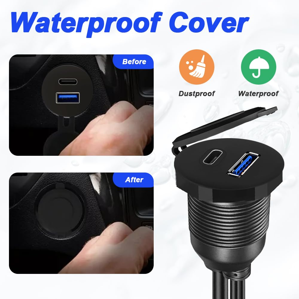 Cavo Prolunga USB C Per Auto Con Montaggio A Pannello – 145 Cm, Kit Installazione A Incasso In ABS Nero Per GPS, Audio E Ricarica Universale
