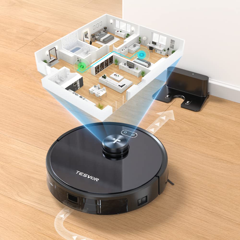 Robot aspirador Tesvor S4 con navegación láser LiDAR, creación de mapas precisos de habitaciones virtuales, 2200 Pa, duración de la batería de hasta 120 minutos, gris espacial