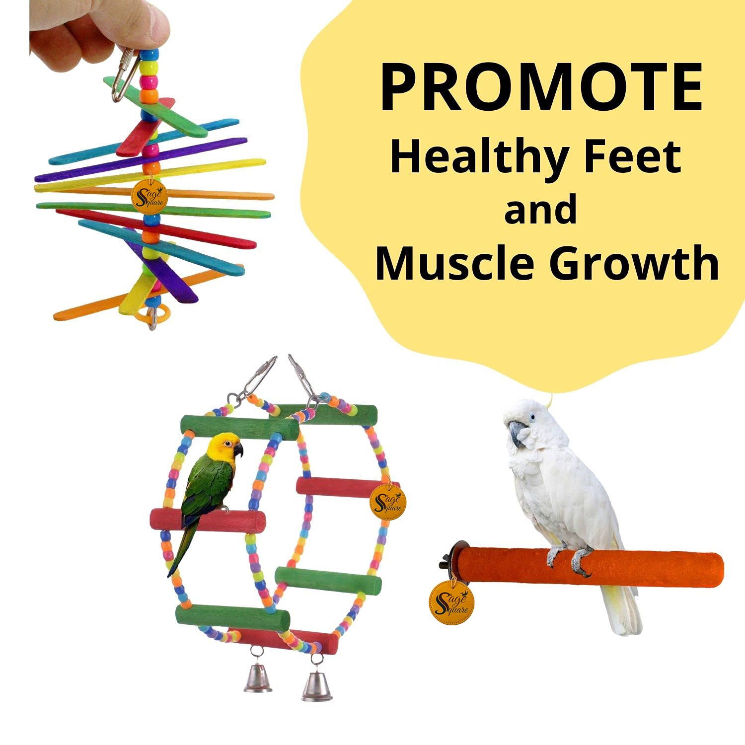 Sage Square Wooden Bird Toys Combo | Bird Feeder, Platform, Sand Perch, Wheel, Hanging Cage Accessory | for Budgie, Parrot, Cockatiel, Parakeet, Conure, Macaw etc 2