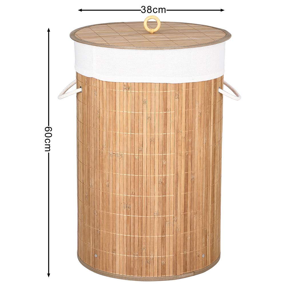 Bakaji Cesto Biancheria Sporca Portabiancheria Casa in Legno di Bambù e Tessuto Contenitore Pieghevole Salvaspazio con Coperchio e Manici Capacità 70lt Dimensione 38 x 60 cm (Naturale)
