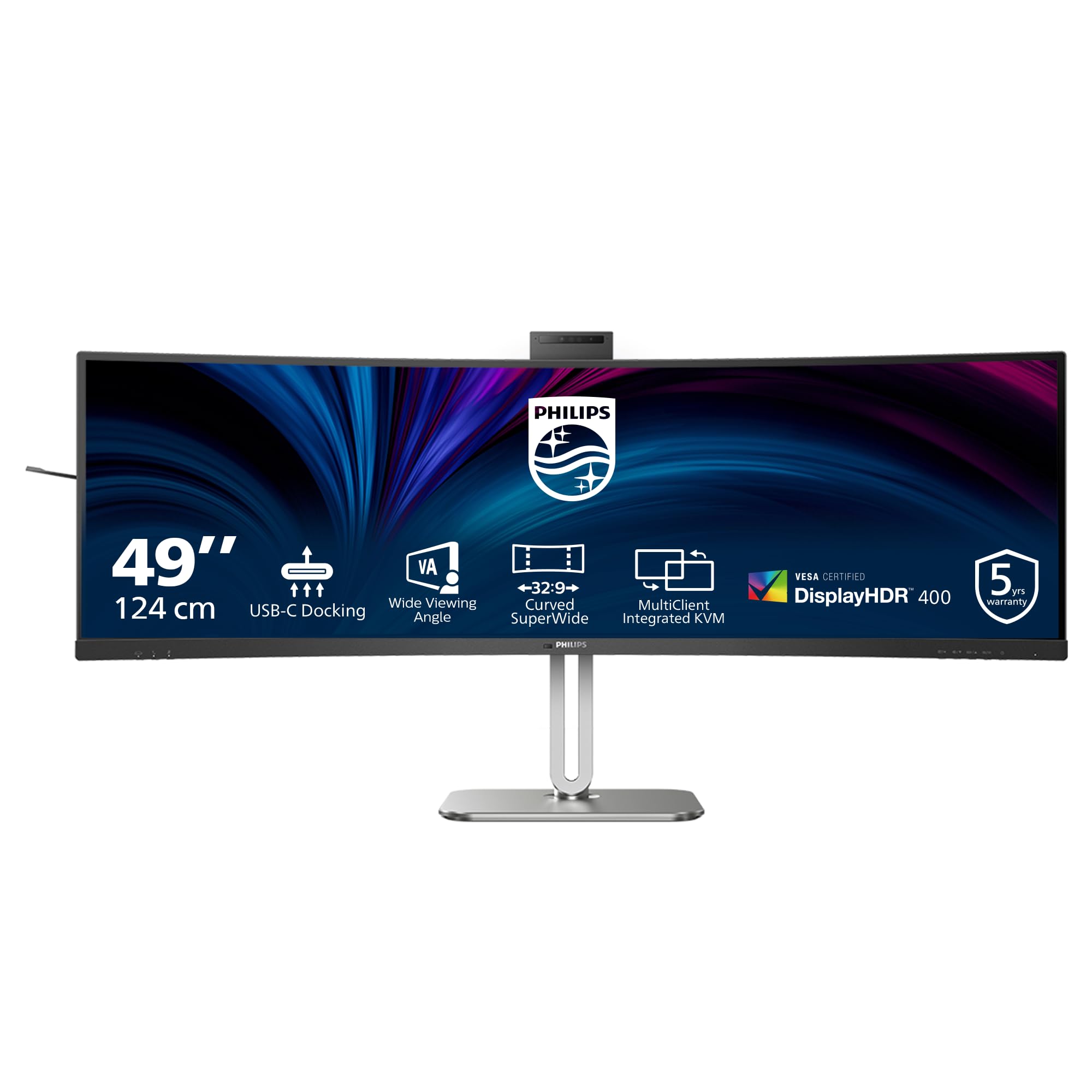 Philips Monitors 49B2U5900CH - curvo QHD da 49 pollici, 75 Hz, VA, 4 ms, HDR400, KVM, webcam, altezza regolabile, docking USB-C, altoparlante (5120 x 1440, HDMI 2.0 / DP 2.1/ USB-C 1)
