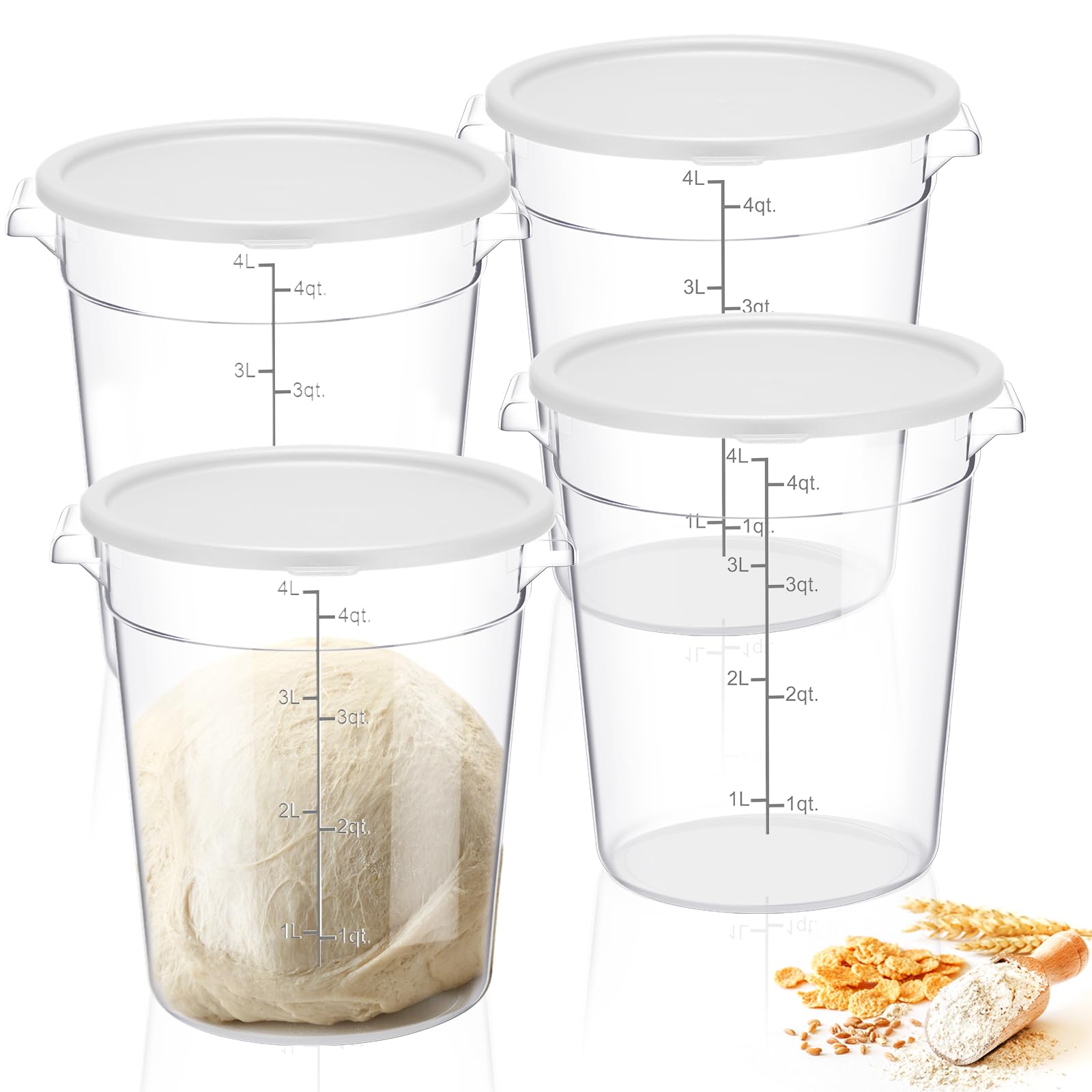 Suclain Frischhaltedosen mit Deckel, transparent, für Teig, Brot, mit Skalengriff, rund, Mehl, kommerzielle Aufbewahrungseimer für Zuhause, Restaurant, Lebensmittel, 4 Stück