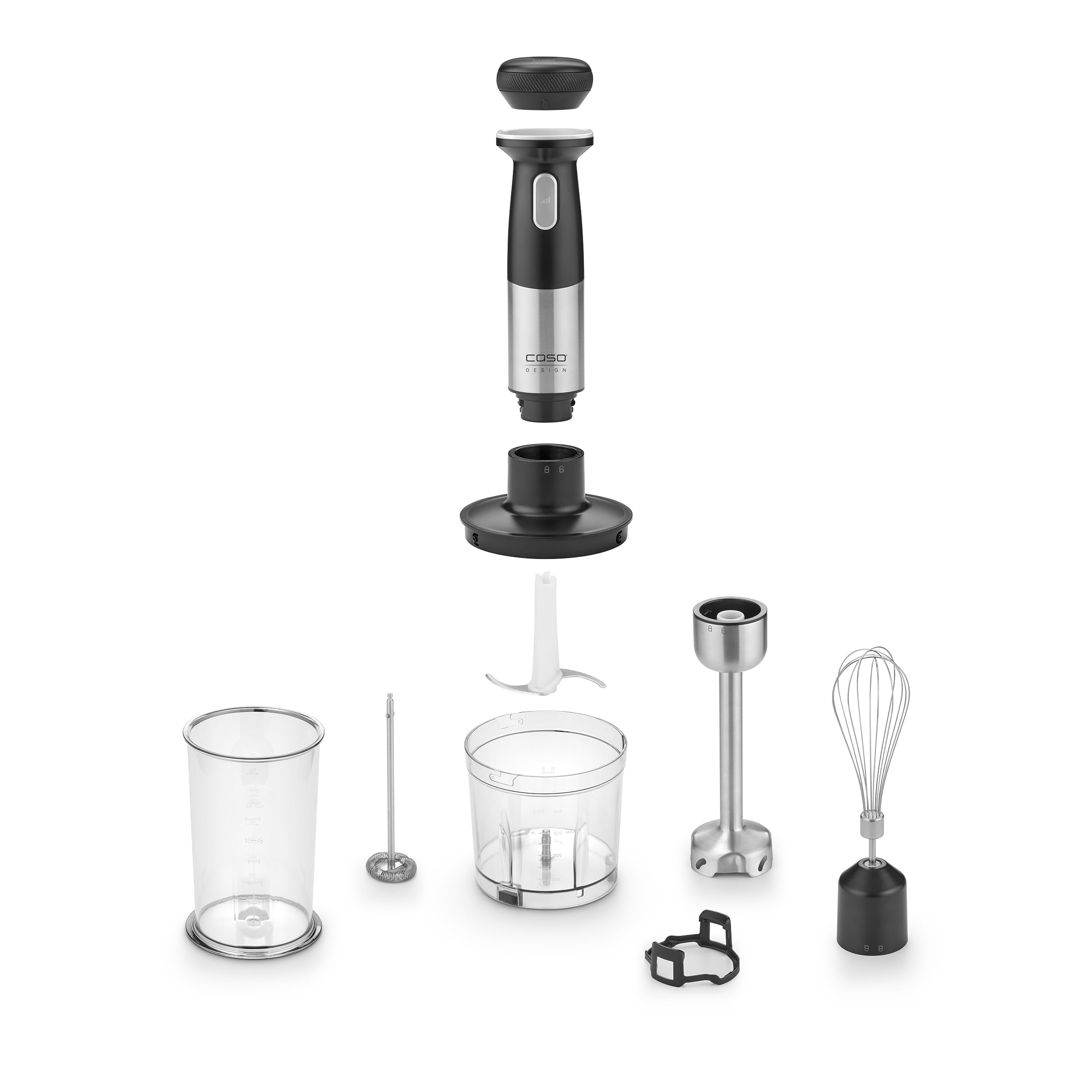 CASO Click & Mash - Miscelatore a immersione wireless 4 in 1, funziona a batteria, utilizzabile come purea, tritatutto, frusta, montalatte per emulsionare, velocità da 6.000 a 13.000 rpm