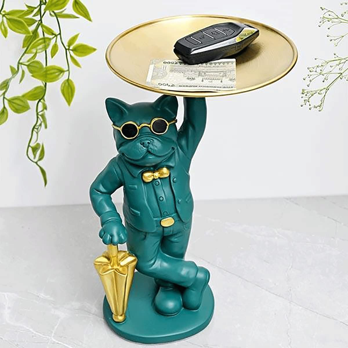 Karigaari - Ideas Hand Crafted Bulldog with Tray Figurine Scluputre for Home Decorative Showpiece (Turquoise)