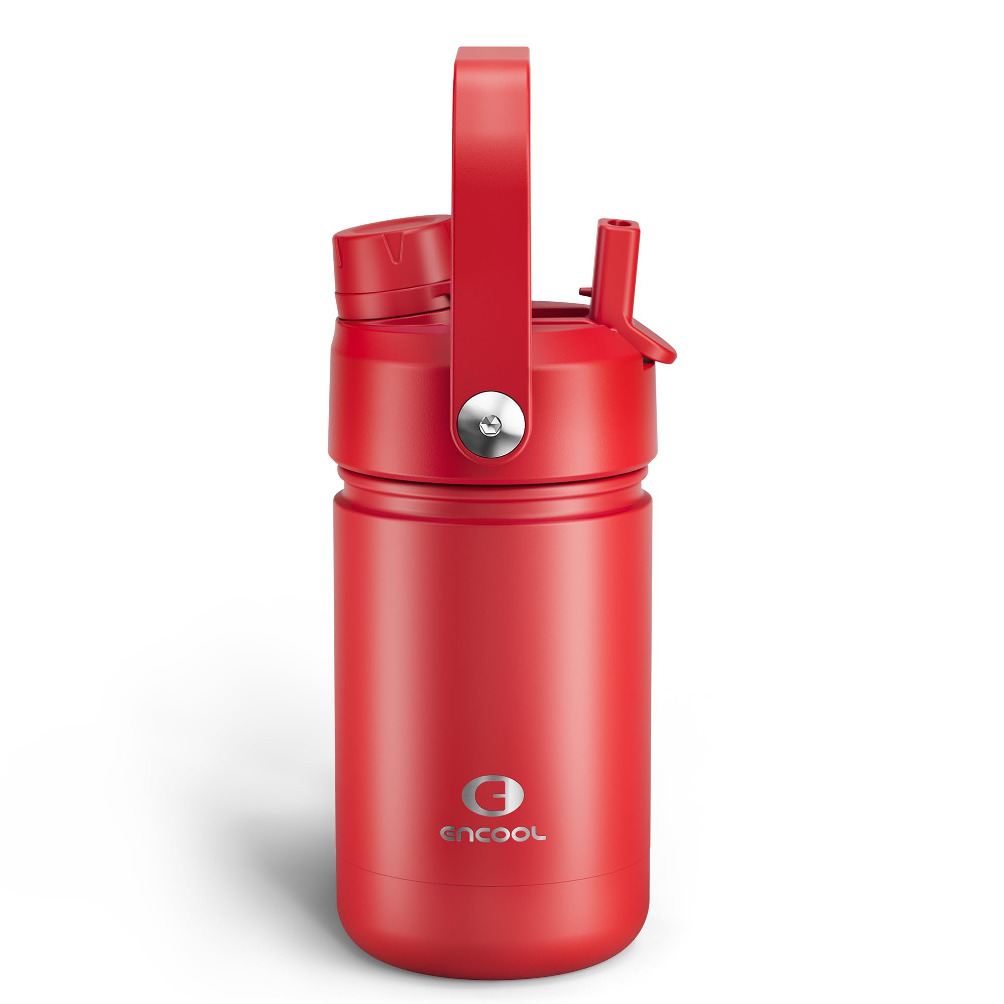 Kids Insulated Water Bottle with Straw - 12oz Stainless Steel Water Bottle with Dual Spouts, Leak-Proof, BPA-Free, Double Wall Vacuum Keeps Cold for 24 Hours for Sports, Travel (Medium Carmine)