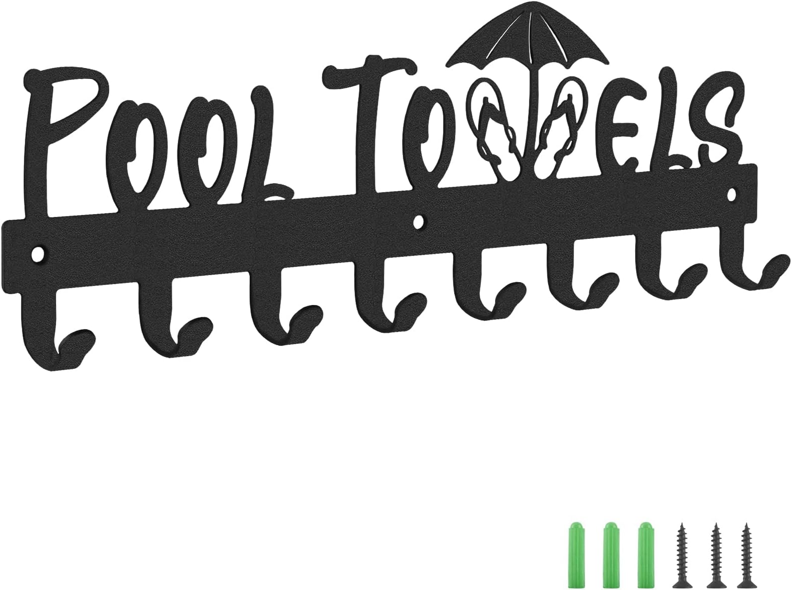IBosinsPool Towel Rack with 8 Hooks, Towel Holder Wall Mounted for Outdoor or Bathroom, Towel Hanger for Hanging Bathrobes, Towels, Clothes - Perfect Pool Area Outside Sign and Decor (Black)