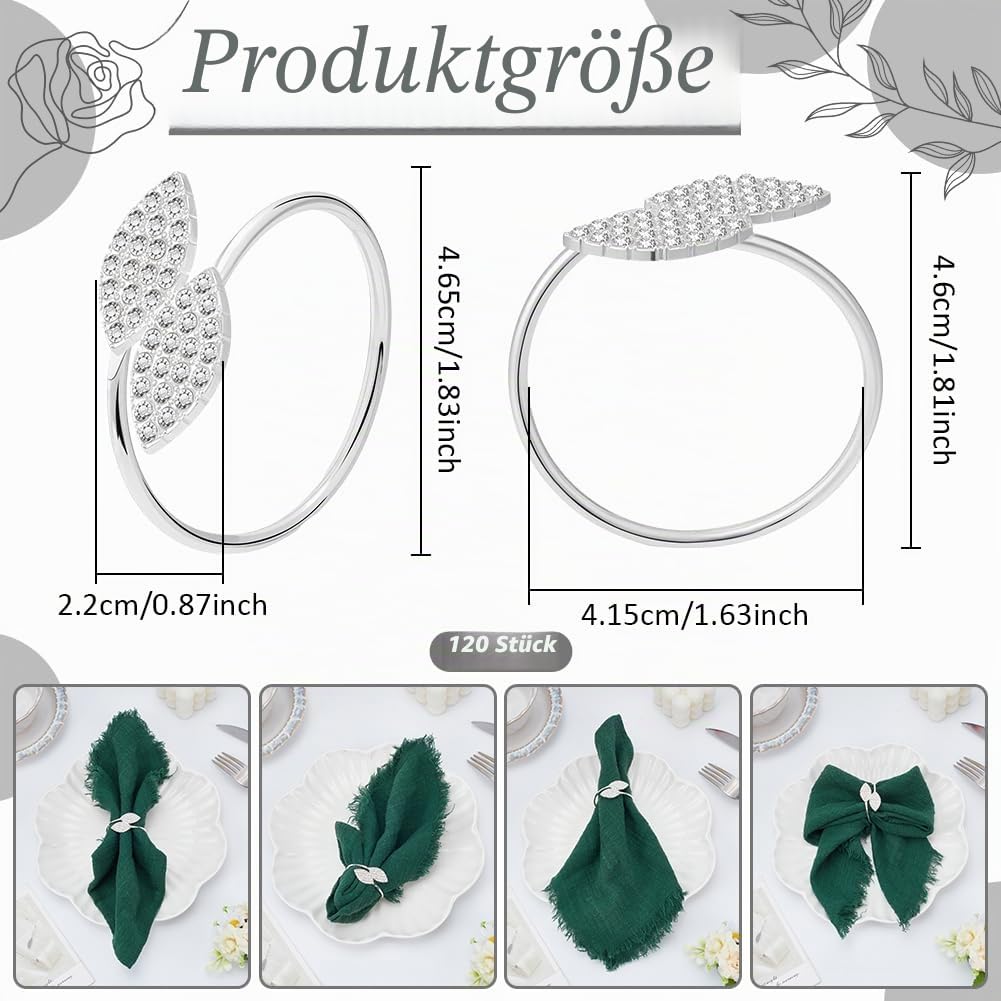 120 Stück Serviettenringe im Großpack, Serviettenringe mit Strassblättern Tischdekoration für Abendessen und Bankette, Gästetücher, Schnalle für Thanksgiving, Weihnachten, Feiertage