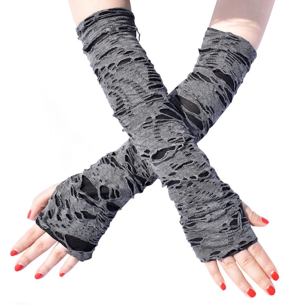 Mrotrida Women's Goth Arm Warmers Cosplay Ripped Punk Fingerless Long Glove for Halloween Costume Party 1Pair, Grey, One Size
