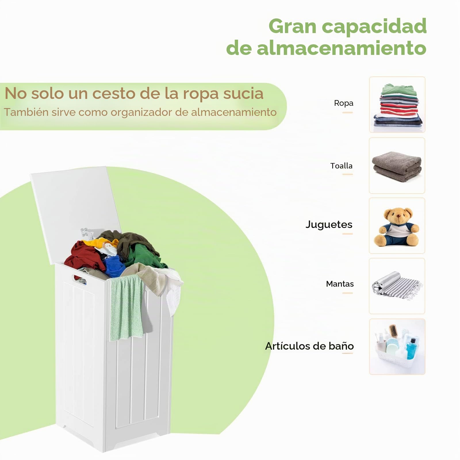 LIFEZEAL Cesto Para la Ropa con Bolsa Interior, Cubo Ropa Sucia con Tapa Bisagra de Metal y Empuñadura Lateral, Armario con Grande Capacidad para Baño, 30 x 30 x 61 cm (Sin bolsa interior)