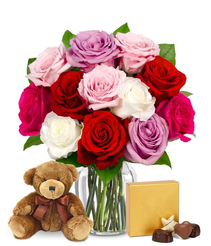 From You Flowers - One Dozen Assorted Sweetheart Roses with Chocolates & Bear with Glass Vase | Fresh Flower Bouquets for Birthday, Anniversary, Get Well or Celebration