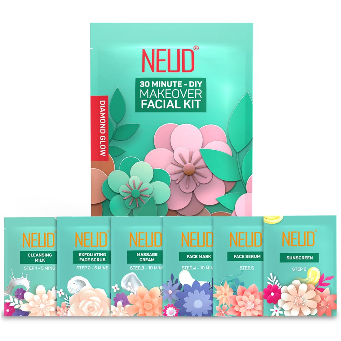 NEUD 6-Step DIY Diamond Facial Kit for Women Glowing Skin, Tan Removal & Skin lightening, Salon-Like Glow at Home in 30 Minutes, Suitable for All Skin Types (60 g) Pack of 1-image-44