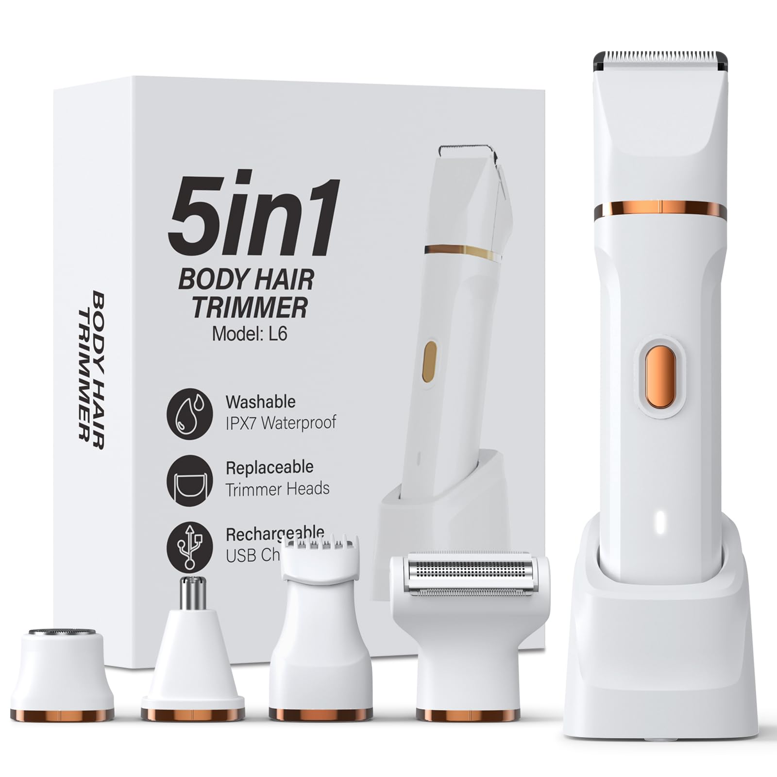 5-in-1 Bikini Trimmer for Women, IPX7 Waterproof Electric Razors Shaver, Cordless Body Hair Trimmer, Facial &amp; Pubic Hair Removal, Ceramic Blade (White)