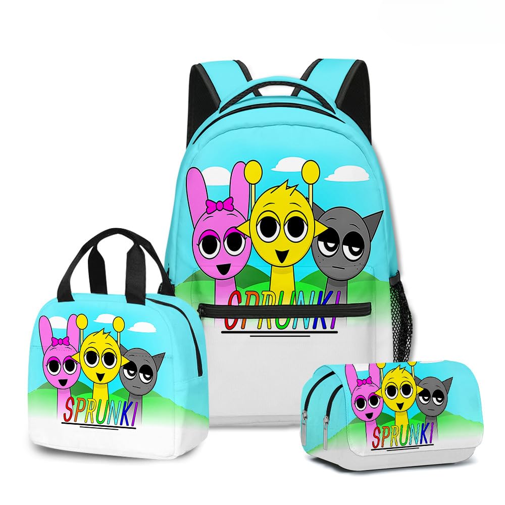 Hzsyc Kids Sprunki Backpack 3Pcs Set Boys Sprunki Figure Backpack Perfect for Casual Daypacks - L Size/17in (19,3pcs)