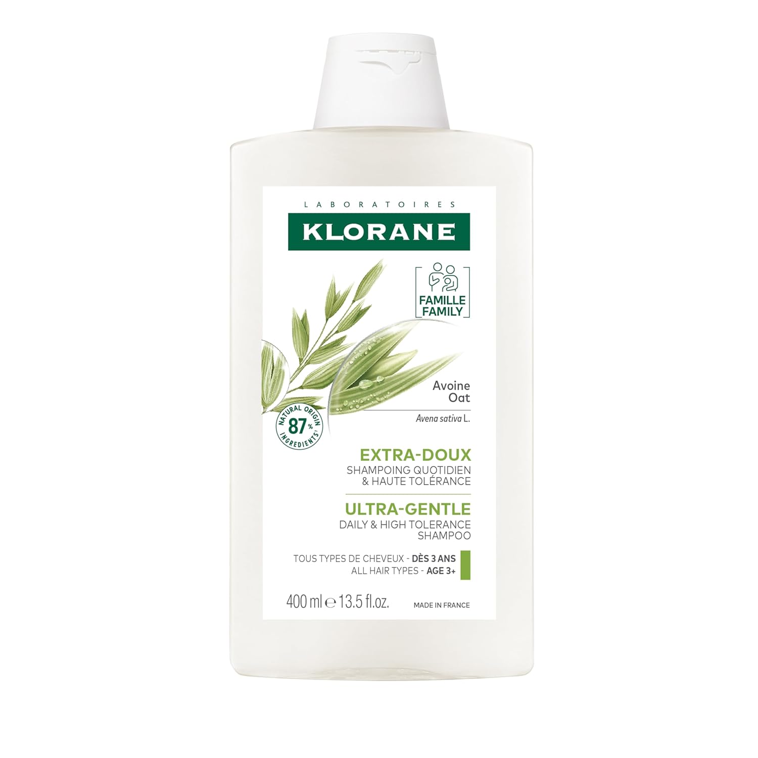 Klorane Ultra-Gentle Shampoo with Oat Milk - Sulfate-Free - Dermatologist and Pediatric Tested - Hypoallergenic, Vegan, Plant-Based Fomula - High Tolerance Formula for Whole Family - 13.5 fl. oz.