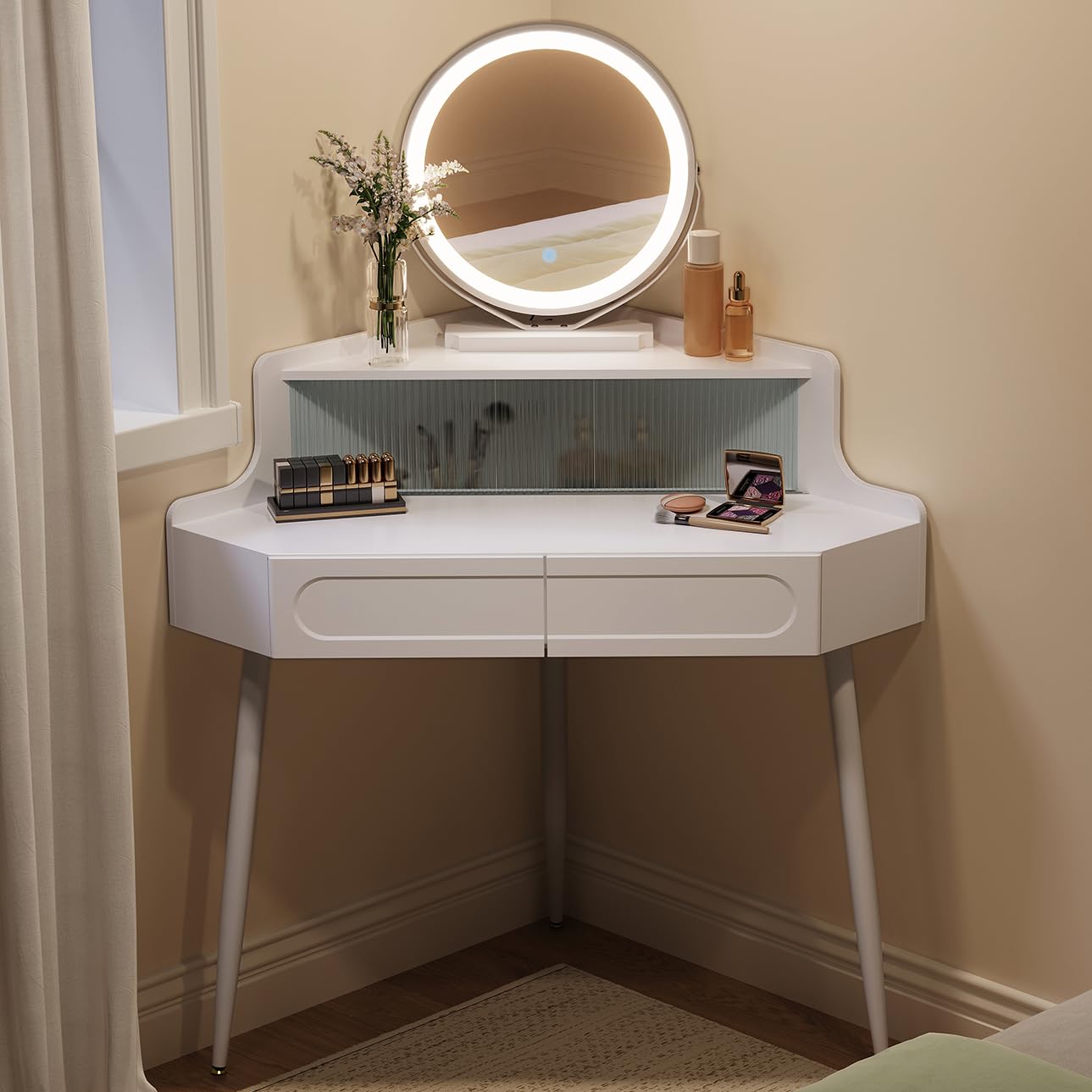 WOLTU Toeletta ad Angolo con Luce, Specchio Dimmerabile, Tavolo da Toilette, 2 Cassetti, 1 Ripiano con Divisorio in Vetro, Tavolino Salvaspazio, Gambe in Metallo, Bianco