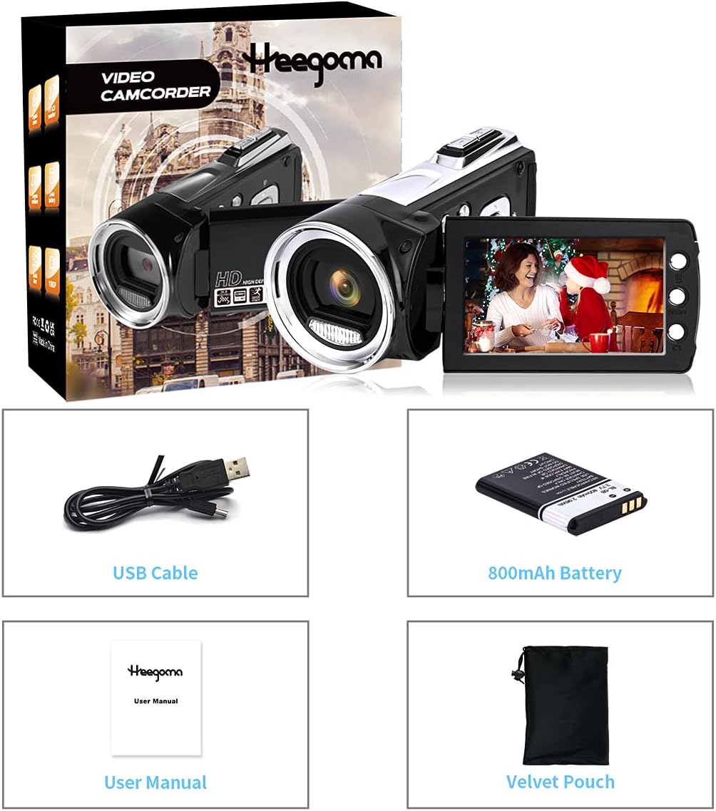 Contents of the Heegomn camcorder box including the camera, battery, USB cable, user manual, and velvet pouch