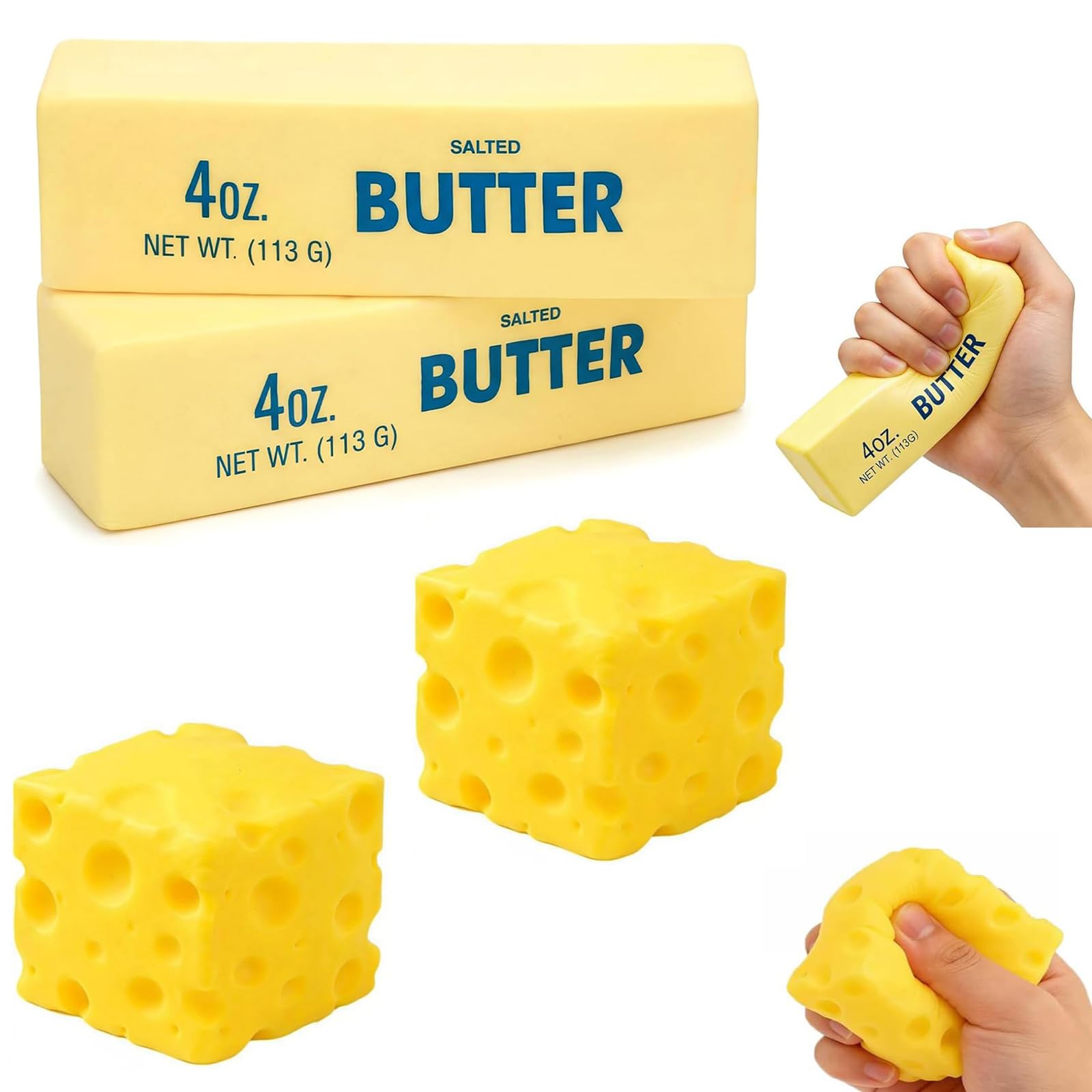 4 PCS Squishy Cheese Butter, 2 PCS Squishy Butter and 2 PCS Cheese, Stress Relief Cube Block, Yellow Unbreakable Figurine Simulation Cheeses Ball — image 1
