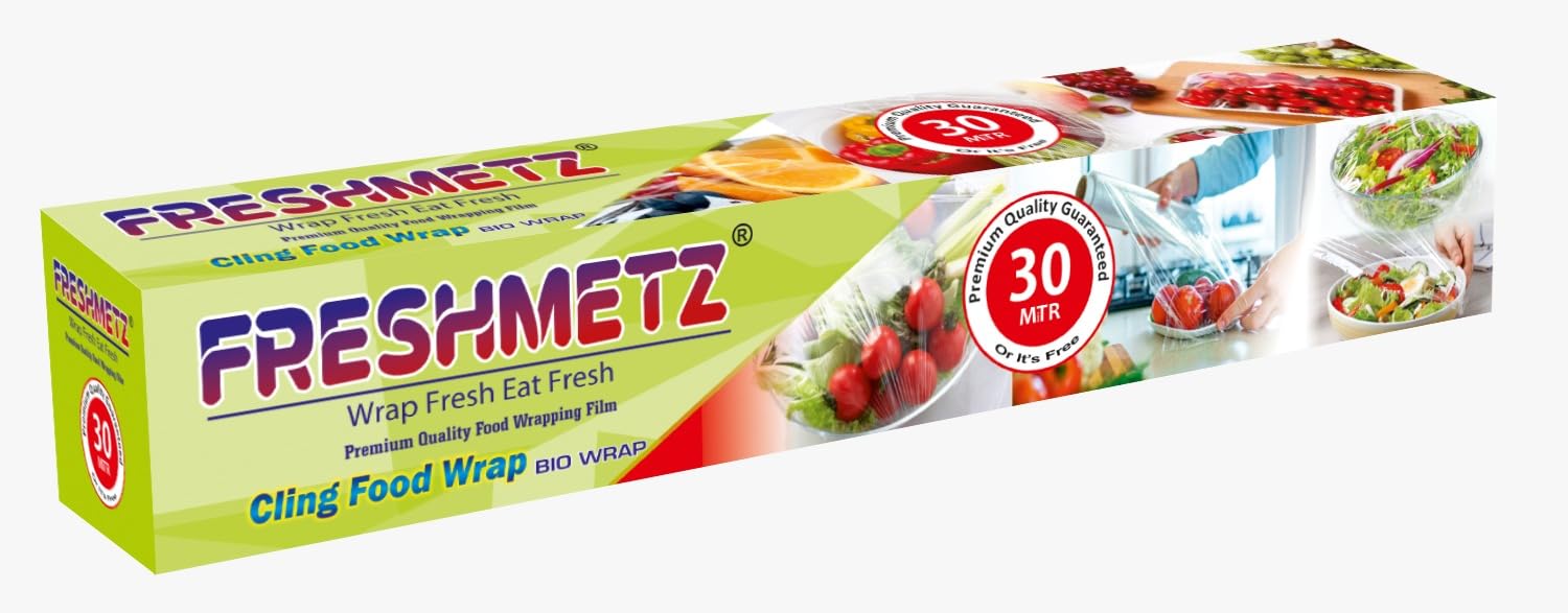 FRESHMETZ Cling Film Wrap 30 Mtr | BPA Free, Biodegradable Food Wrapping Roll | Transparent Non-Stick Cling Sheet for Kitchen Storage, Refrigerator & Microwave Safe Use | Pack of 1