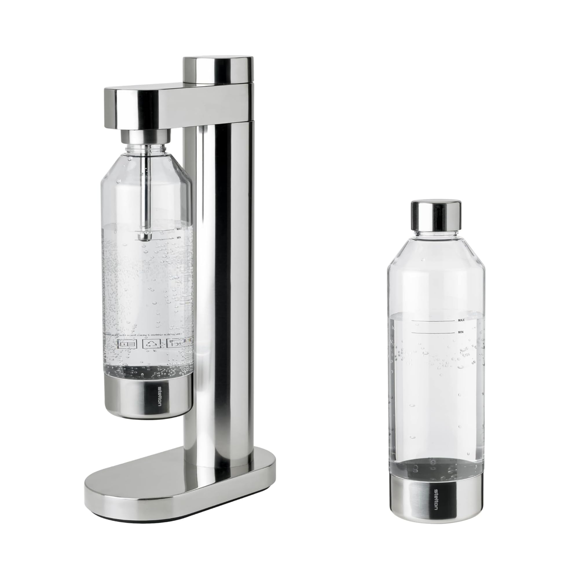 Stelton Brus Wassersprudler Edelstahl, Wassersprudler mit Flasche + 1 Extra Flasche, Manueller Soda Maker, Kompatibel mit 425 g CO₂-Zylinder, Skandinavisches Design