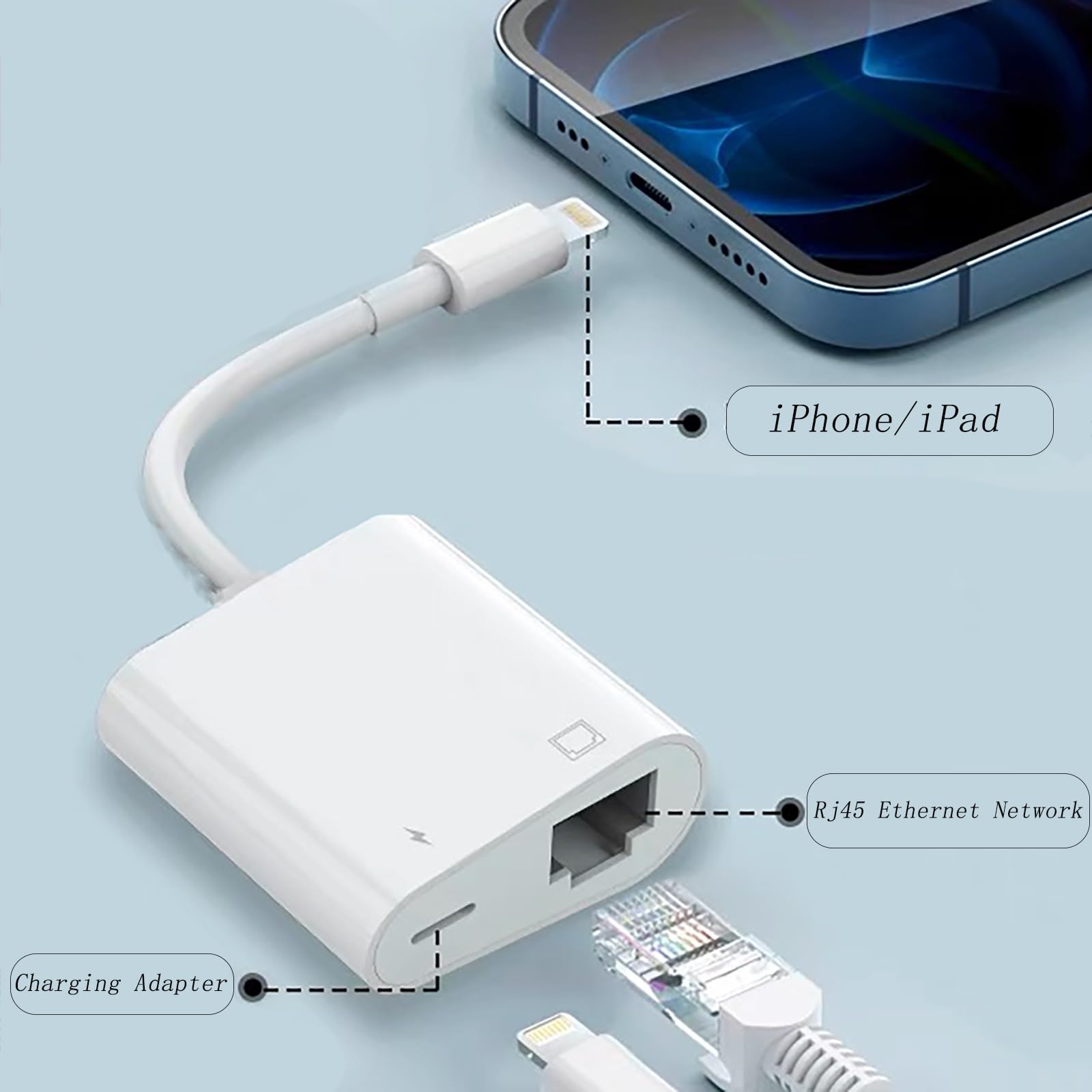 Adaptateur Ethernet 2-en-1 Lightning Vers RJ45 + Port De Charge - Compatible IPhone/iPad - 100 Mbps - Gris - 5