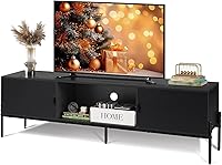 WLIVE 58" Mid-Century Modern TV Stand for 65 Inch TVs - Entertainment Center with 2 Cabinets, Open Shelf & Metal Legs, Black