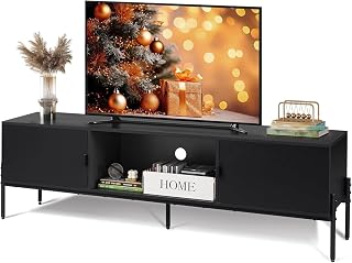 WLIVE Mid-Century Modern TV Stand for 65 Inch TVs - Black Entertainment Center with 2 Cabinets, Open Shelf & Metal Legs