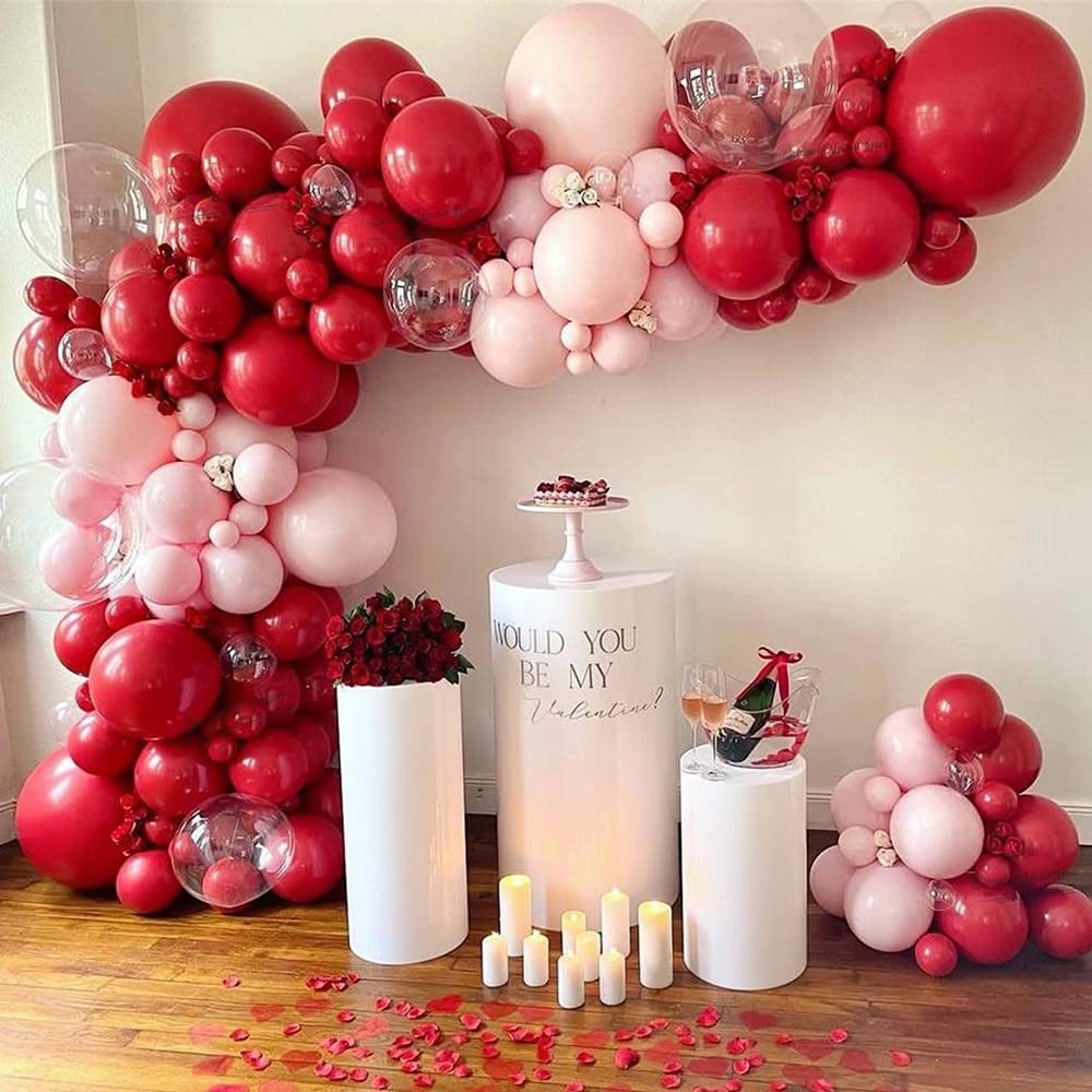 177Pcs Matte Pastel Pink Ruby Red Balloon Garland Kit Set Transparent Bubble Globos Valentine Wedding Balloons Home Party Decors
