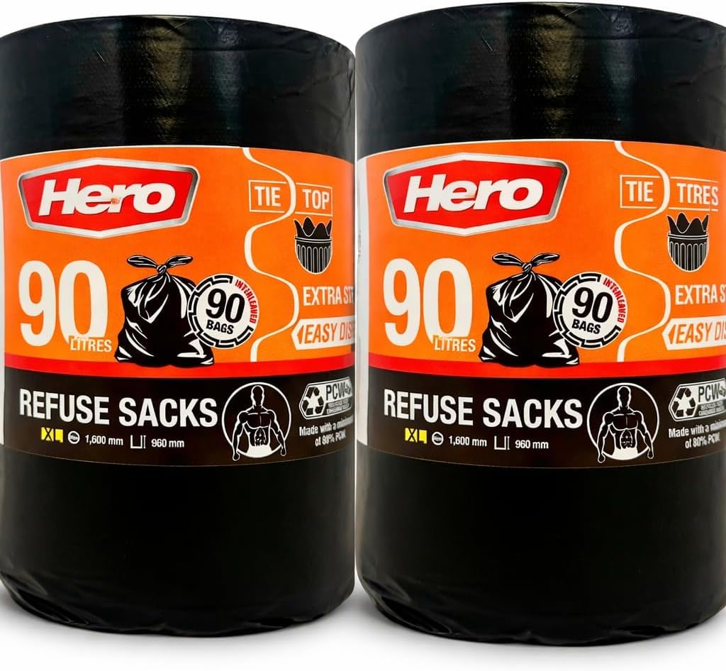 Hero Extra Strong Black Bin Bags, Refuse Sacks, Tie Top, 90 Litre, Pack of 90 (180)