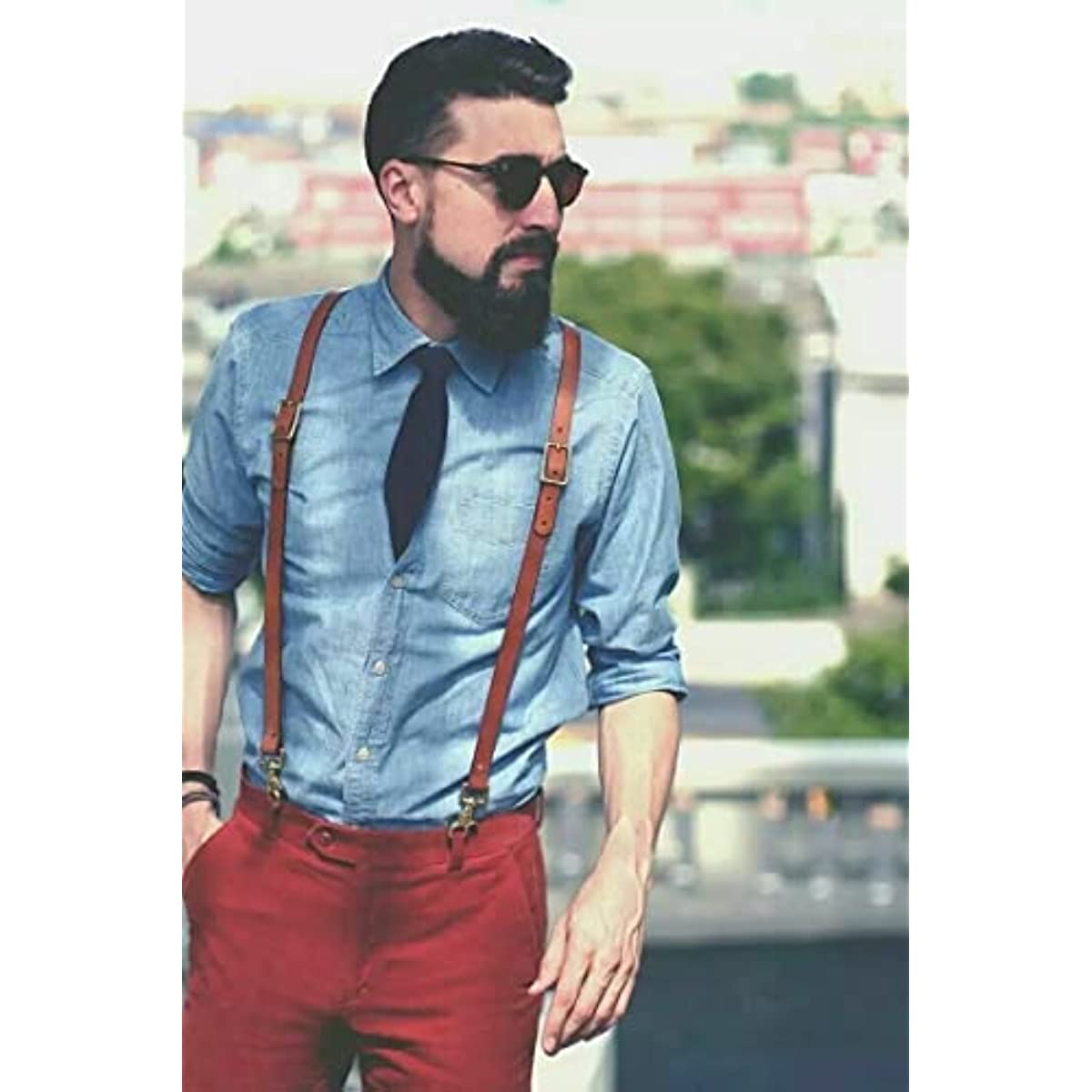 Nero/Marrone/Marrone Marrone Uomo Vintage In Vera Pelle Regolabile Bretelle Bretelle Cintura Con Ganci Loop